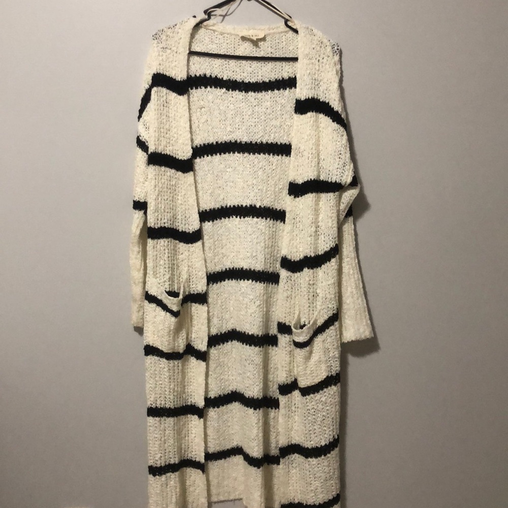 Long White and Back Striped Cardigan